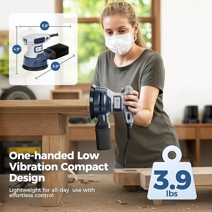Orbital Random Sander Tool, 360W, 13000 Rpm, 150 * 150Cm, 6 Variable Speeds With Dust Bag, Wood Mouse Palm Hand Sander, Detail Power Rotary Electric Sander, Small Handheld Mini Rotary Sander