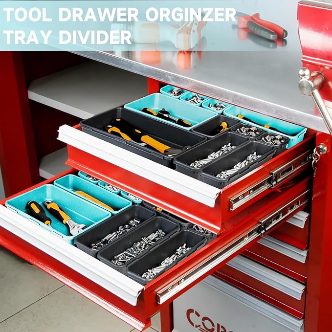 Tool Box Organizer Tray, Toolbox Desk Drawer Organizer, Tool Box Tray, Toolbox Organization Storage for Rolling Tool Chest (60PCS (Blue+Black))