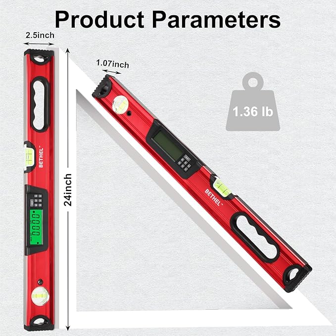 BETHEL Digital Level with LCD Display,24Inch Magnetic Digital Torpedo Level, Vertical & Horizontal Spirit Bubble Measuring Tools for Woodworking Construction Craftsman