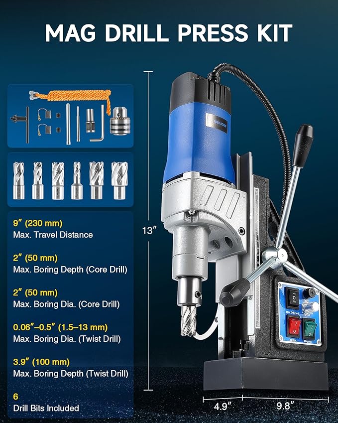 ZELCAN Mag Drill Press with 6 Drill Bits, 1550W Portable Magnetic Press with 2" Boring Diameter, 0-580 rpm Stepless Speed & Reversible Direction, 2922 lbf Power Magnetic