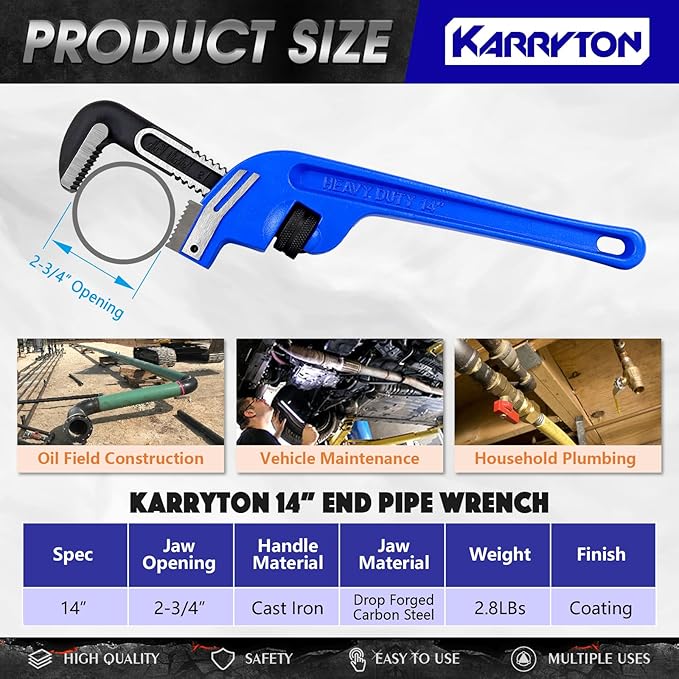 14 Inch End Pipe Wrench, Jaw Opening 2.75"/70mm Adjustable Cast Iron offset Handle Plumbing Wrench, Perfect Plumbers Tool for Oil Field, Plumbing, Auto Repair, Construction and Mechanics