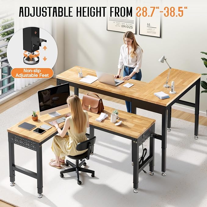 SPECRAFT 68"x48" L-Shaped Workbench with Power Strip, Adjustable Height Heavy Duty Work Table with Pegboard, 6000LBS Load Capacity, Industrial Wood Top Workstation for Garage, Workshop, Home Office