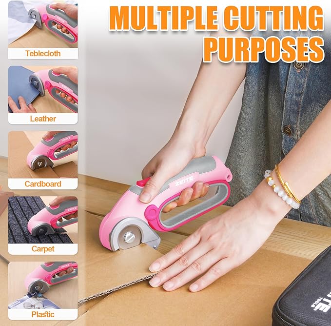 ZEITE 4V Cordless Electric Scissors Cardboard Cutter with 2 x Blades,1 x Storage Case,1 x USB Charging Cable,Rotary Cutter for Box Plastic Carpet Fabric, Easy to Hold and Safety,Pink