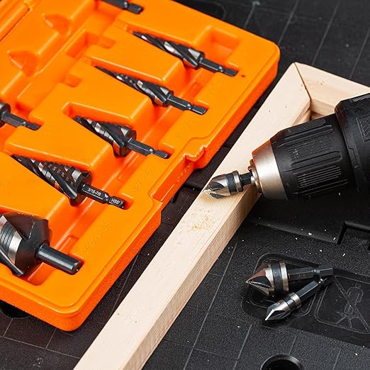 THINKWORK 5 Pcs Four Spiral Flute Step Drill Bit Set & 5 Pcs Countersink Drill Bits with Tool Box, Nitriding HSS Drill Bits for Metal, Aluminum, Wood, Plastic