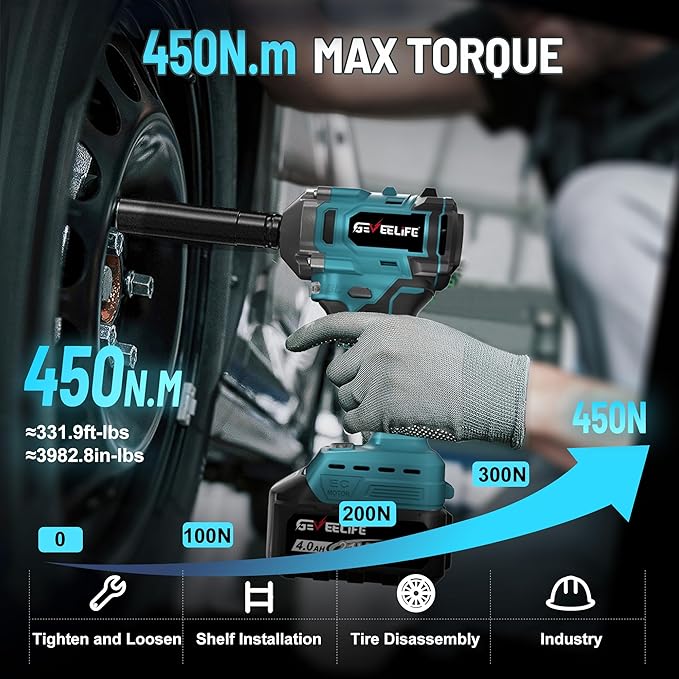 450N.m/332Ft-lbs Brushless Impact Wrench,1/2" Cordless Impact Gun with 4.0Ah Battery & 6 Sockets, Electric Impact Driver for Car/DIY Furniture/Lawn Mower/blue (450N)