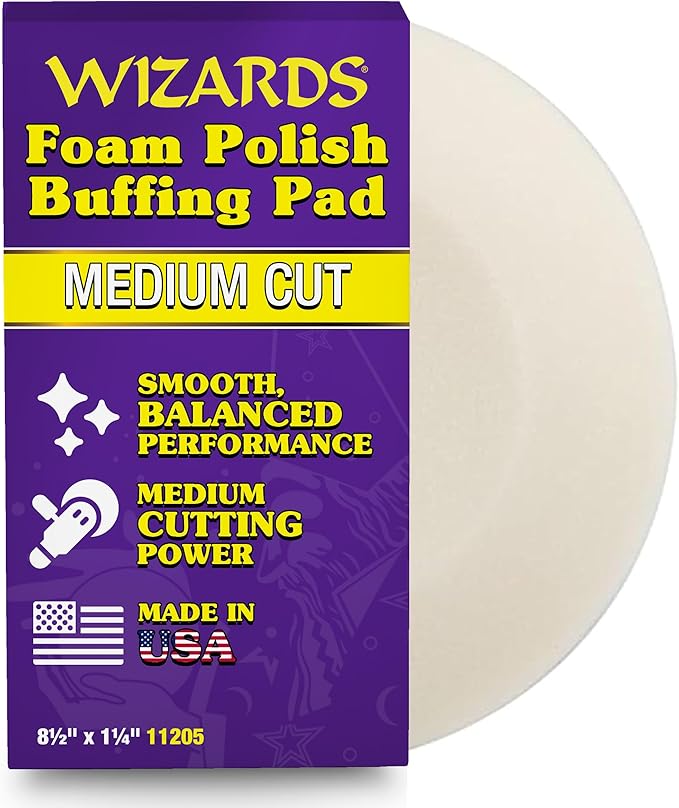 Wizards Foam Polish Buffing Pad - Velcro Backed, Medium Cutting Foam Pad for Car Detailing - ‎No Splatter High Density Foam for Auto Detailing Supplies - 8½" x 1¼"