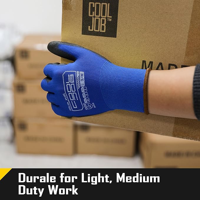 COOLJOB 12/60 Pairs Safety Work Gloves Pack Bulk with Grip PU Coating, 13 Gauge Seamless Knit Gloves with Polyurethane Dipped for Warehouse Working, Breathable Lightweight for Men Women, Blue Small