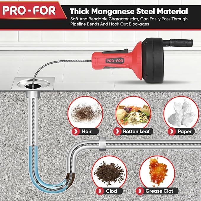 PFO-FOR Drain Auger for 3/4"-2" Pipe, Plumbing Snake Hair Drain Clog Remover, 16.5 ft Cable Unblocking Hand Auger Cleaner Tools, Manual Or Powered for Sink Kitchen Bathroom Shower Bathtub