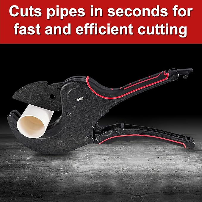 PVC Pipe Cutter Tool, Heavy-Duty PVC Pipe Cutter 3 Inch, 75mm Plastic Pipe Cutter with SK5 Blade and Aluminum Alloy Body, Ratcheting Pipe Cutter and PVC Cutters for PEX, PPR, Hoses and Plumbing Pipes