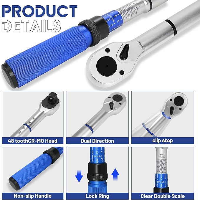 1-Inch Drive Click Torque Wrench, Dual-Direction Click Professional Torque Wrench 200-1200FT.LB/271-1356.7N.M, Dual Range Scales Graduated in FT.LB and N.M