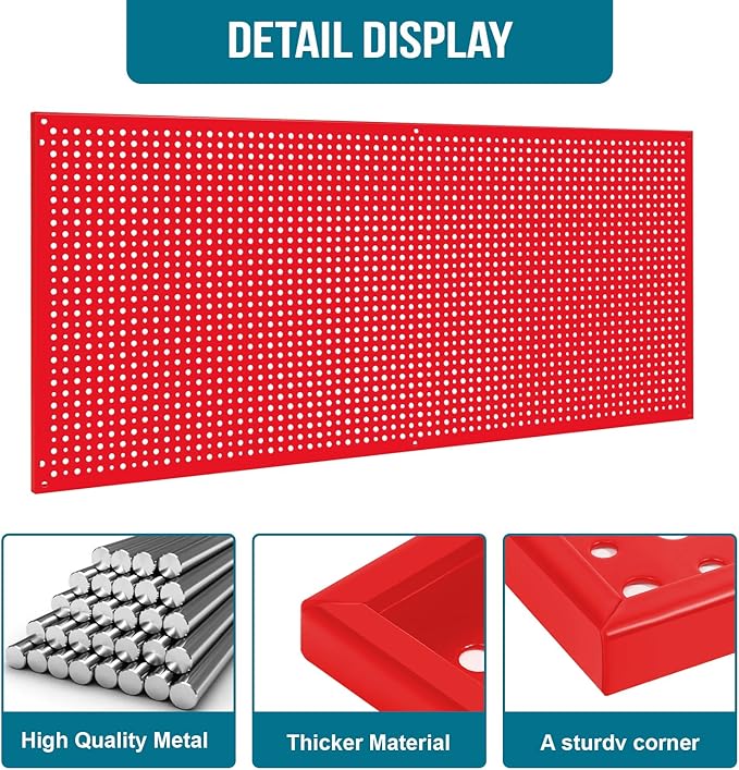 Pegboard Rack Garage Storage Steel Horizontal PegBoard Pack,Steel Pegboard Heavy Duty- 3 Pack 16-Inch X 36-Inch Metal Peg Board Tool Organization Panels (Red)