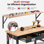 Workbench with Shelf Bracket 48 Inch Adjustable Height Work Bench for Garage Heavy Duty Rubberwood Tabletop Work Table with Drawer, Power Outlets for Woodworking, Home, Office, Workshop