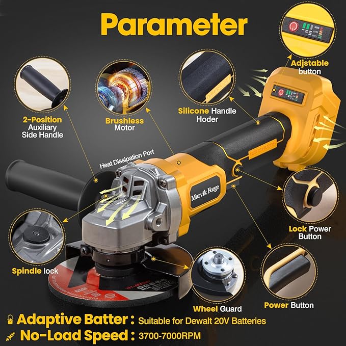 Cordless Angle Grinder Compatible with 20V Dewalt Battery (No Battery),Brushless Motor,Variable Speeds,Lock-On Switch,4-1/2" Blade,Power Electric Angle Grinders Tool for Polishing,Grinding,Cutting