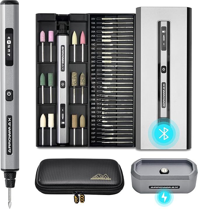 AM ARROWMAX Mini Engraving Pen, Rotary Tool with 42 Bits, Aluminum Case, Smart Motion Control, OLED, APP, Magnetic Charger, Tool Bag, Engraving Pen for Jewelry, Wood, Glass, Carving (SGS PRO Plus)