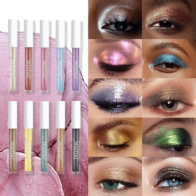 10 Color Glitter Liquid Eyeshadow Set Metallic Shimmer Eye Shadow Sparkling Eyeshadow Gift Set for Women Waterproof Quick Drying