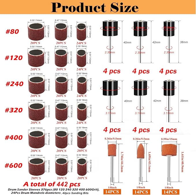442 Pieces Sanding Drums Kit for Dremel Rotary Tool,Drum Sander Sleeves 376pcs (80 120 240 320 400 600Grit),24Pcs Drum Mandrels and 42 Sanding Bits,Sanding Bits Tool Accessories with Box
