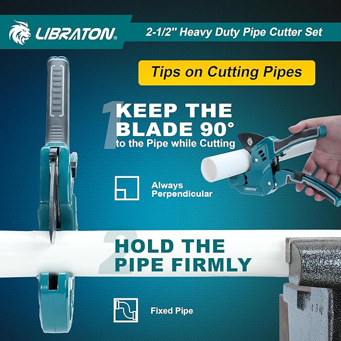 Libraton PVC Pipe Cutter, Up to 2-1/2", Ratchet Pipe Cutter Tool for PEX, PVC, PPR Plastic Hoses Plumbing, Heavy-Duty Pipe Cutter with Deburring Tool Replacement Blade, 2 Adjustable Cutting Ranges