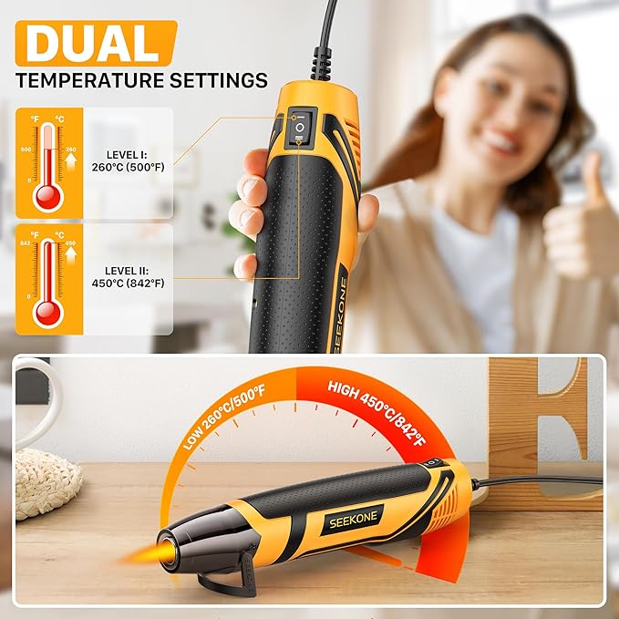 SEEKONE Mini Heat Gun, 350W 2-Temp Settings 500℉ & 842℉（260℃& 450℃） Fast Heat Hot Air Gun Tool with Reflector Nozzle and 4.9Ft Long Cable Overload Protection for Crafting, Vinyl Wrap and Shrink Tubing