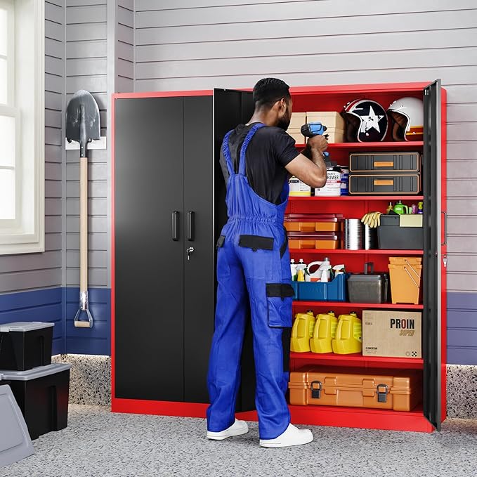 Yizosh Metal Garage Storage Cabinet with 2 Doors and 5 Adjustable Shelves - 71" Steel Lockable File Cabinet,Locking Tool Cabinets for Office,Home,Garage,Gym,School (Red Black)