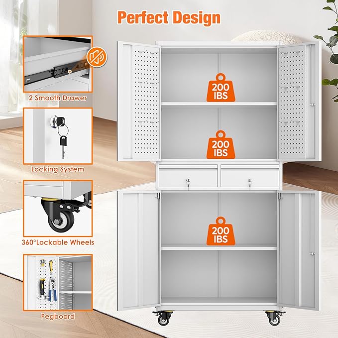71" H Metal Garage Storage Cabinet with Wheels and Doors,Rolling Tool Cabinet with Pegboard and 2 Lockable Drawer for Garage Warehouse Home,Required Assembly,White