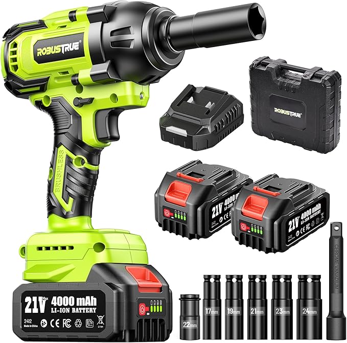 Cordless Impact Wrench, 885Ft-lbs (1200N.m) 1/2" Brushless Impact Gun, 21V High Torque Power Impact Driver, 2x4.0Ah Batteries Electric Impact Motor Variable Speeds for Car/Truck RV/Mower