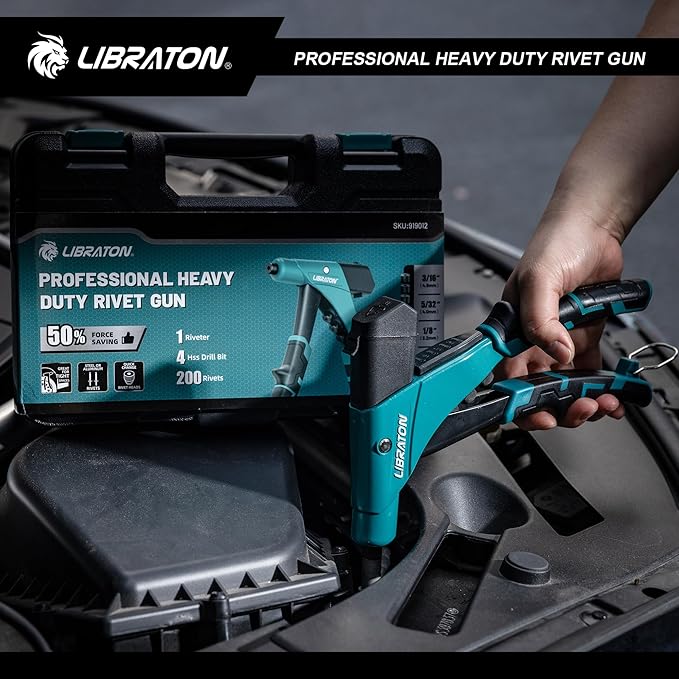 LIBRATON Professional Heavy Duty Rivet Gun, One-Handed Pop Rivet Gun Set, Robust Riveter with Shaft Container, Manual Riveting Tool, Tool-Free Interchangeable Heads, for Metal, Wood and Plastic