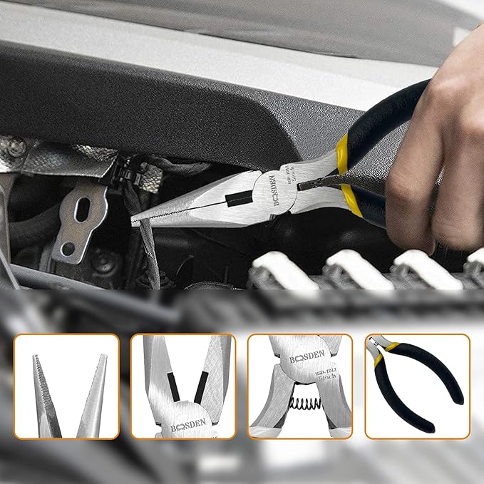 BOOSDEN 5-Piece Pliers Set Including 25mm Rubber mallet, 5" Wire Cutters, 5" Needle Nose Pliers, 5" Diagonal Cutters, 5" Linemans Pliers for DIY & Home Use