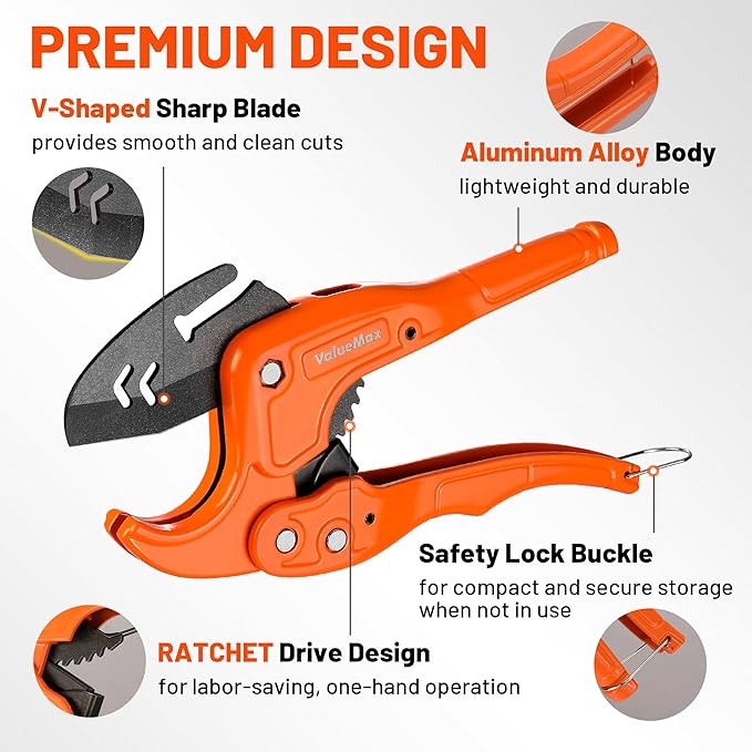 ValueMax PVC Pipe Cutter, Cuts up to 1-1/4", SK5 Blade PVC Cutter Tool, Ratcheting PVC Cutter, Pipe Cutter for PVC, PEX, PPR, Plastic Pipes