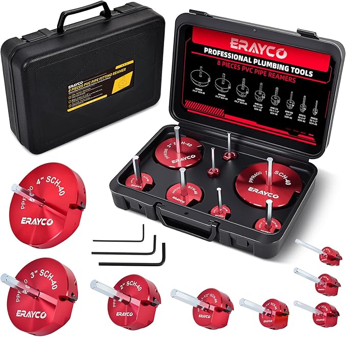 ERAYCO 8PCS PVC Pipe Reamer Kit, Plastic Pipe Fitting Reamer Tool, Fit into Standard 1/2" Drills, PVC Fitting Saver for SCH40 PVC CPVC ABS Pipe (1/2'', 3/4'', 1'', 1-1/2'', 1-1/4'', 2'', 3'', 4'')