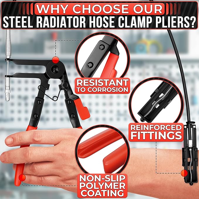 Radiator Hose Clamp Pliers Automotive – Corrosion-Resistant Hose Clamp Tool with Non-Slip Polymer Coating, Tension & Ratchet Locking Mechanisms – Reliable, Easy to Use, Time-Saving for Car Repairs