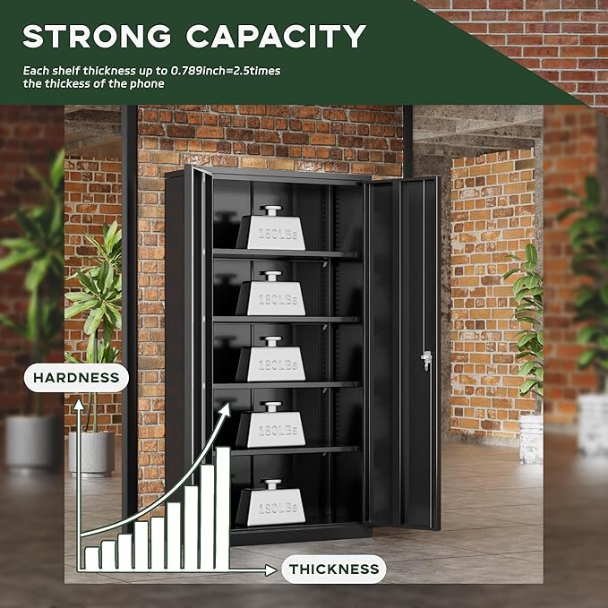 Greenvelly Metal Garage Storage Cabinet, 72” Locking Black Tool Steel Cabinet with Doors and 4 Shelves, Tall Metal Cabinets with Garage Storage Systems for Home Office, Kitchen/Pantry