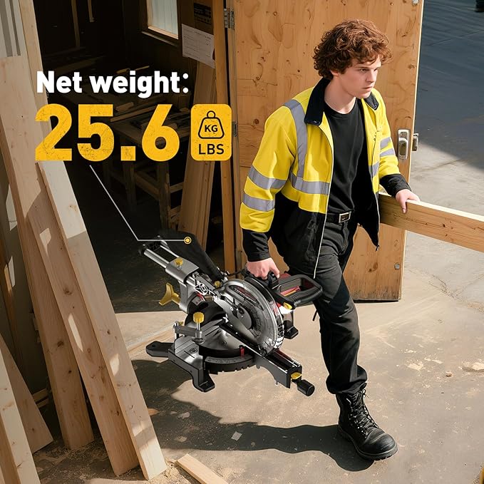 10-inch Sliding Compound Miter Saw, 4800RPM, 15 Amp, Single Bevel 0-45° with Extension Table, 36T Blade, Power Saw for Metal, Plastic, Wood, Laminates