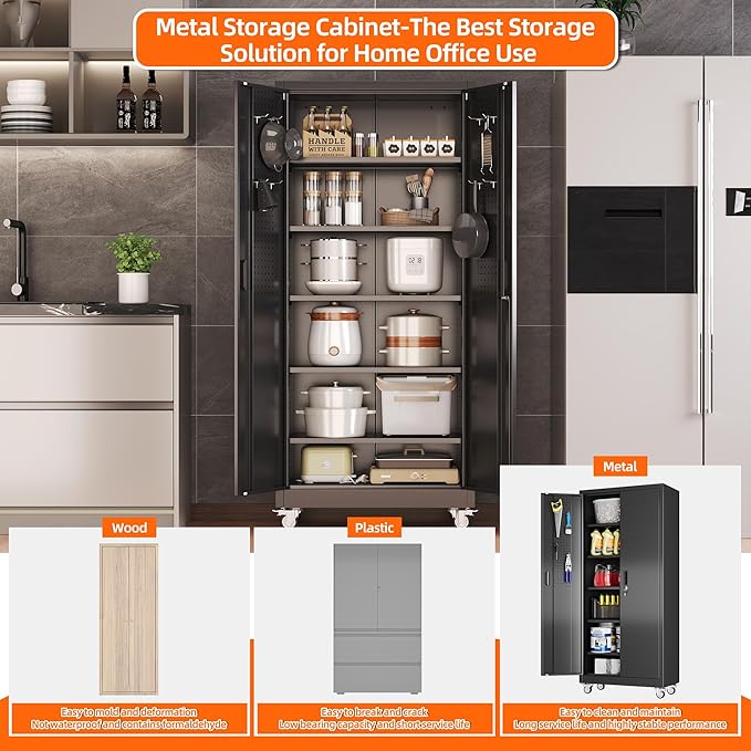 Garage Storage Cabinet with Wheels Pegboard and 5 Adjustable Shelves, 71'' x 32'' x 16''Metal Lockable Cabinet with Magnetic Doors,Tool Storage,Home Office Garage,Gym,School (Black)