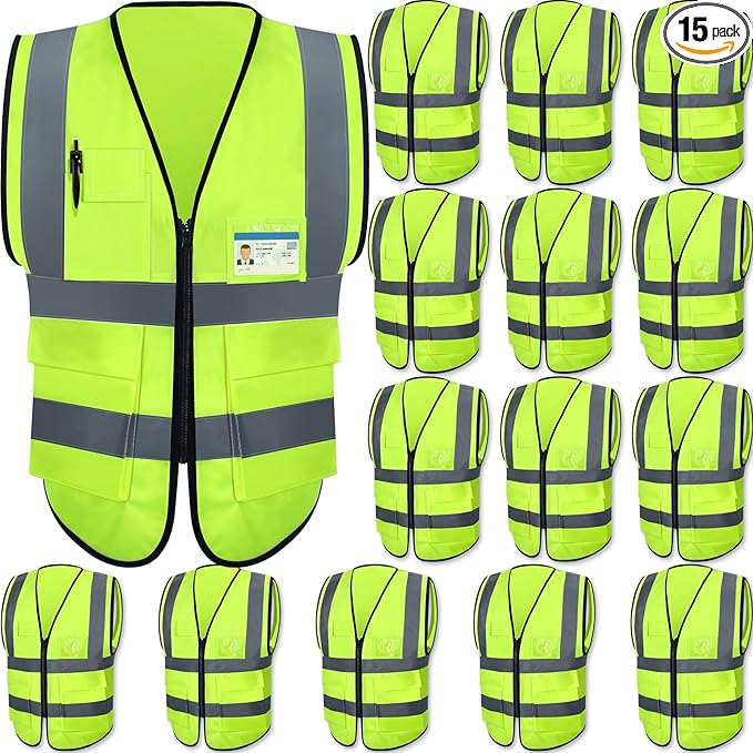 15 Pack Reflective Safety Vests with Pockets and Zipper Construction Work High Visibility Vest for Men Women(Medium,Fluorescent Green)