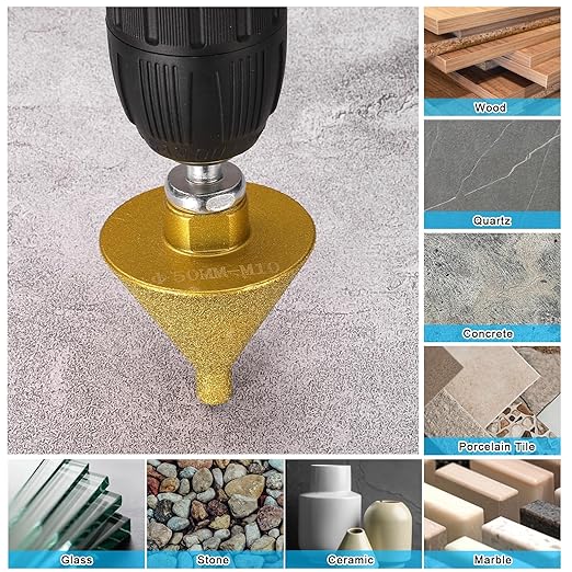 HARFINGTON Diamond Beveling Chamfer Bits 0-1.5" Dia M10 Thread Cone Bit with Adapter, Countersink Drill Bit to Enlarge Holes for Porcelain Tile, Marble, Ceramic, Glass, Stones