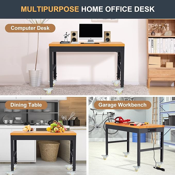 HABUTWAY Height Adjustable Workbench with Wheels 48" x 24" 2000 Lbs Capacity Solid Wood Work Station Heavy-Duty Rolling Work Tables for Garage Party Shop Office