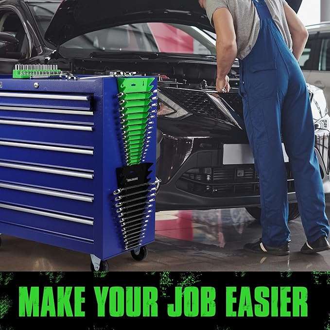 SWANLAKE GARDEN TOOLS Magnetic Wrench Organizer 2-Piece, 32-Slot Drawer Storage, SAE (1/4" to 1-1/16"), Metric (6mm to 24mm), Green and Black