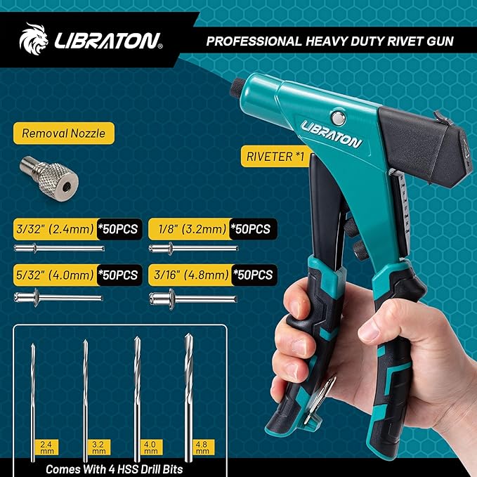LIBRATON Professional Heavy Duty Rivet Gun, One-Handed Pop Rivet Gun Set, Robust Riveter with Shaft Container, Manual Riveting Tool, Tool-Free Interchangeable Heads, for Metal, Wood and Plastic