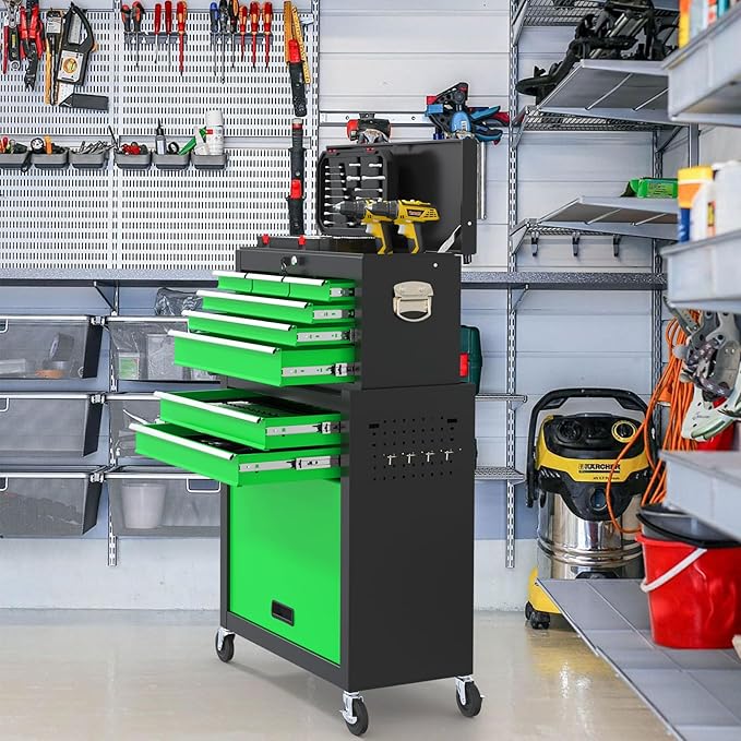 8 Drawer High Capacity Rolling Tool Chest, Metal Tool Box with Wheels and Drawers, Detachable Toolbox with Lock, Heavy Duty Tool Cabinet for Workshop, Warehouse and Garage (Black Green)