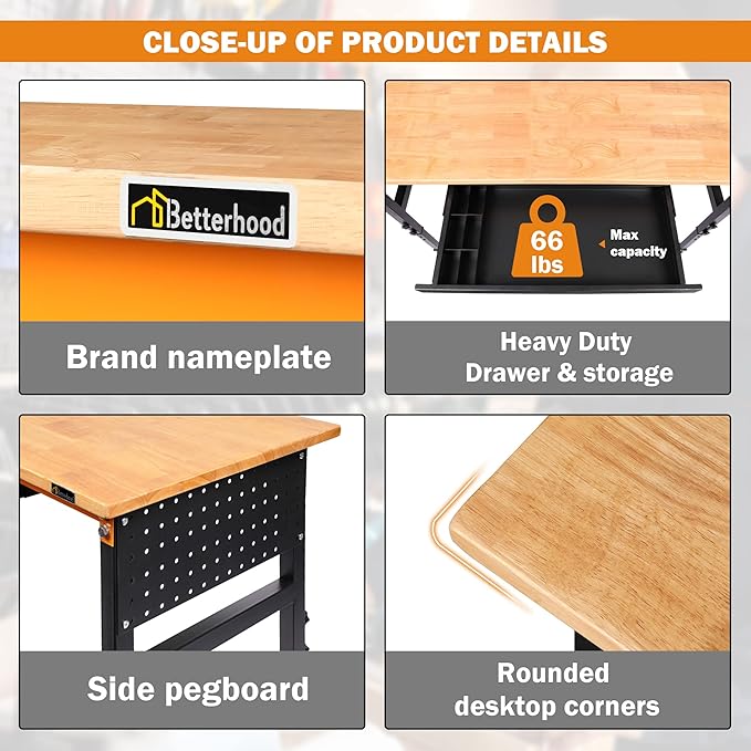60" Heavy-Duty Adjustable Workbench for Garage, Rubber Wood Shop Table W/Double Pegboards & Drawer,Hardwood Workstation Weight Capacity Over 2000 Lbs
