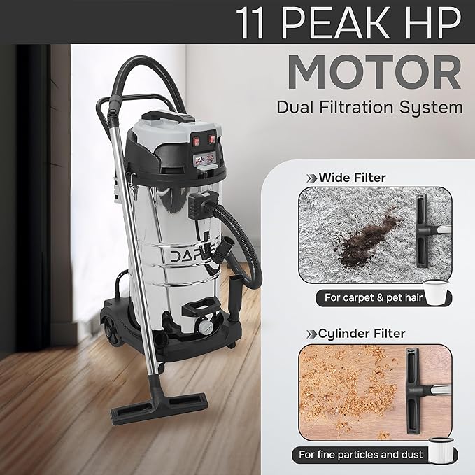26.5 Gallon 11 Peak HP Wet/Dry Vacuum, Stainless Steel Tank, 2 in 1 Function Portable Shop Vacuum with Attachments, Built-in Drain Ideal for Jobsite, Garage & Workshop.
