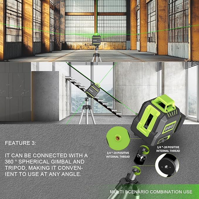 360° Laser Level with Tripod 40in, Self Leveling Laser Level with Pulse Mode, Li-ion Battery*2， Green Line Laser Leveler Tool for DIY Project