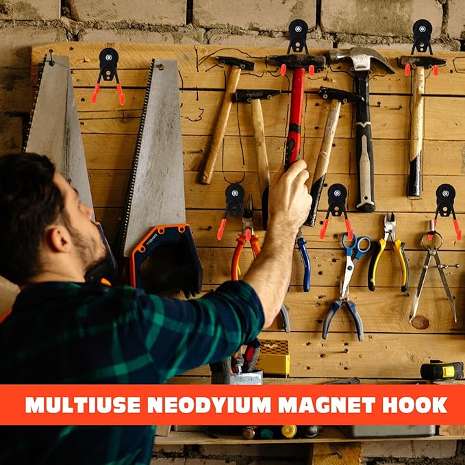 Landhoow Large Magnetic Hooks Heavy Duty Garage Magnet Hooks Strong Storage Utility Magnetic Hangers with Anti Slip Rubber Coating for Indoor and Outdoor Hanging(Orange,14 Pcs)