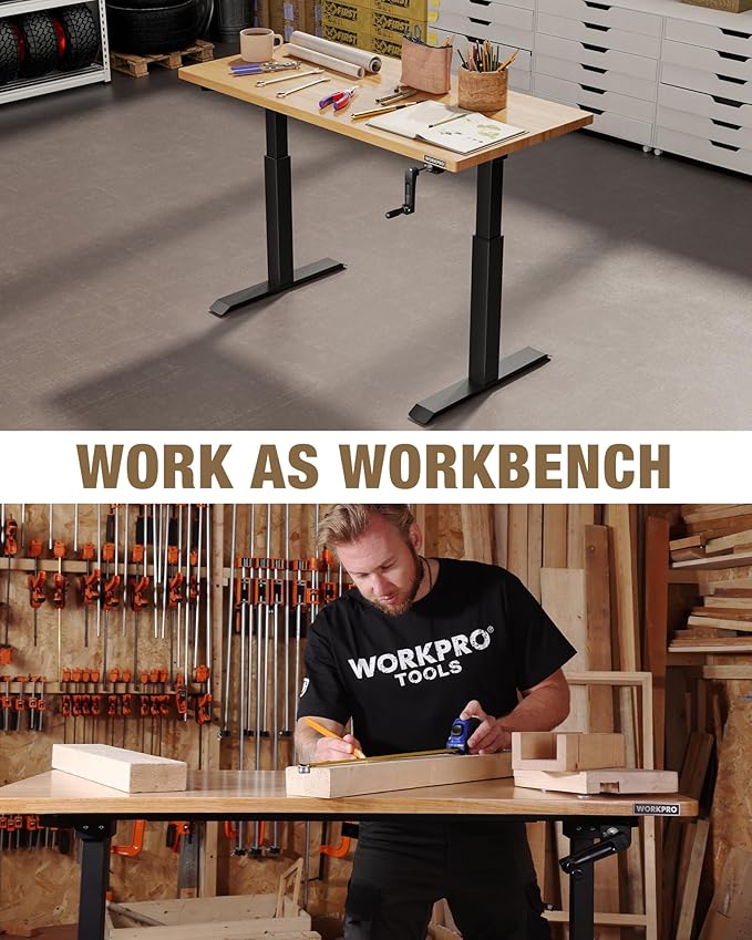 WORKPRO Adjustable Workbench with Crank Handle, 47.2" x 23.6" Rubber Wood Worktable 300LBS Load Capacity,Height-Adjustable Standing Desk for Workshop, Garage