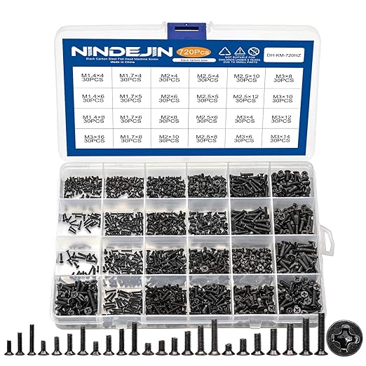 NINDEJIN 720pcs Laptop Notebook Computer Carbon Steel Screws Kit Set, Flat Head Phillips Screw Assortments, M1.4/1.7/2/2.5/3 Countersunk ssd Screws Accessories for SSD Toshiba DELL Sony Samsung
