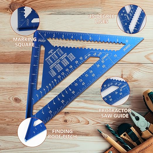 Carpenter Square 12-inch Layout Tool Alloy Metal Triangle Ruler Protractor,Blue(SAE&MER)
