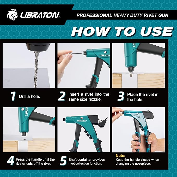 LIBRATON Professional Heavy Duty Rivet Gun, One-Handed Pop Rivet Gun Set, Robust Riveter with Shaft Container, Manual Riveting Tool, Tool-Free Interchangeable Heads, for Metal, Wood and Plastic