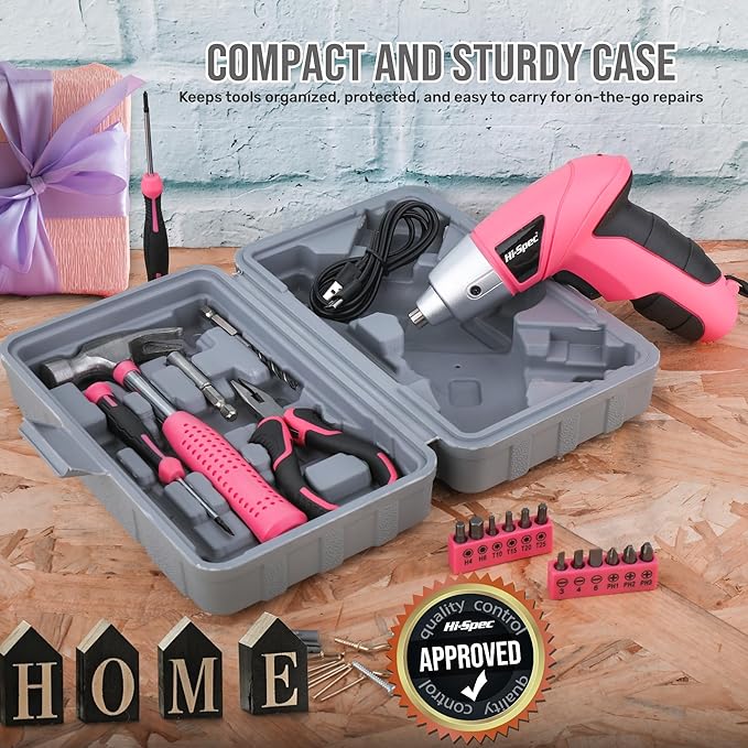 Hi-Spec 19pc 3.6V Pink USB Small Power Screwdriver & Home DIY Tool Kit Set. Cordless & Rechargeable Electric Screwdriver and Compact Hand Tool Box Set