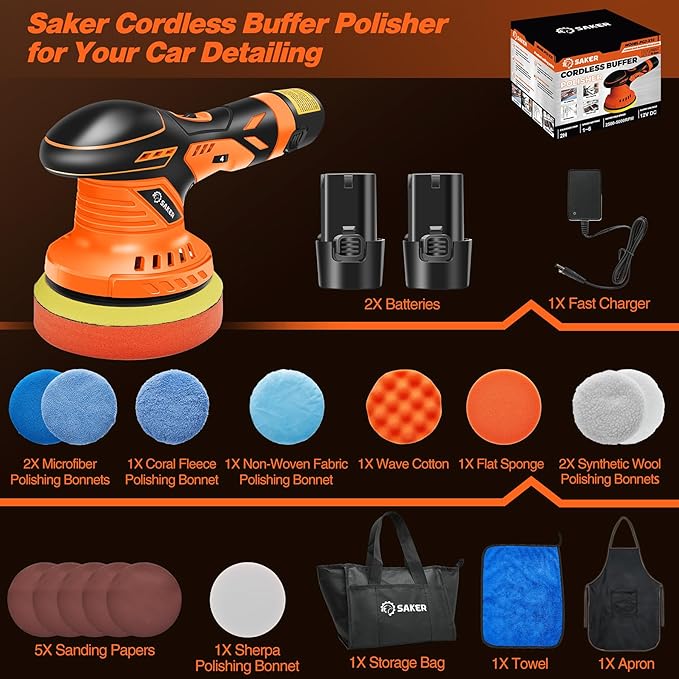 Saker Cordless Buffer Polisher, 6 Inch Fast Charging Portable Car Polishing Kit with 2PCS 12V 2000mAh Batteries, Polisher for Car Detailing Polishing Waxing
