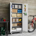 Aobabo 71" H x 32" W x 16" D Metal Storage Cabinet with Wheels, Garage Steel Storage Cabinet with 5 Adjustable Shelves and 4 Hooks for Home Office School, Assembly Required, Grey White